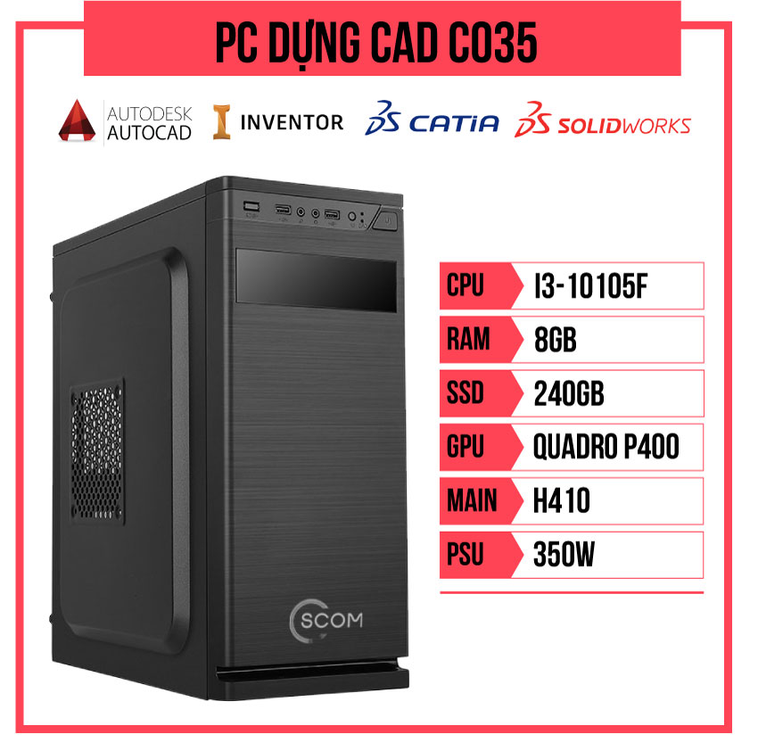 PC HACOM Dựng CAD C035 (i3-10105F/H410/8GB RAM/240GB SSD/Quadro P400/350W)